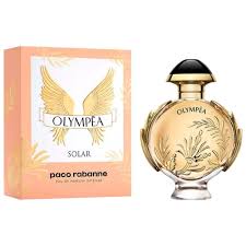 Naco Rabanne Olympia Solar Eau de Parfum bottle and its peach-colored packaging box, featuring gold wing graphics and the brand name 'naco rabanne' on the box.