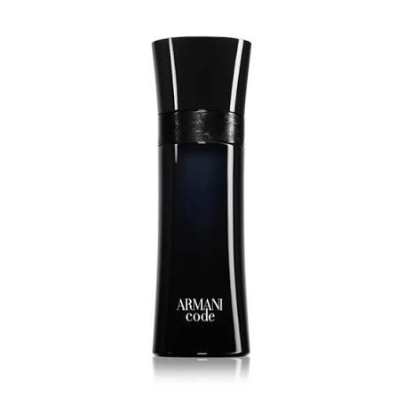 Armani Code cologne bottle in glossy black with a dark blue gradient center and white brand lettering, set against a plain white background.