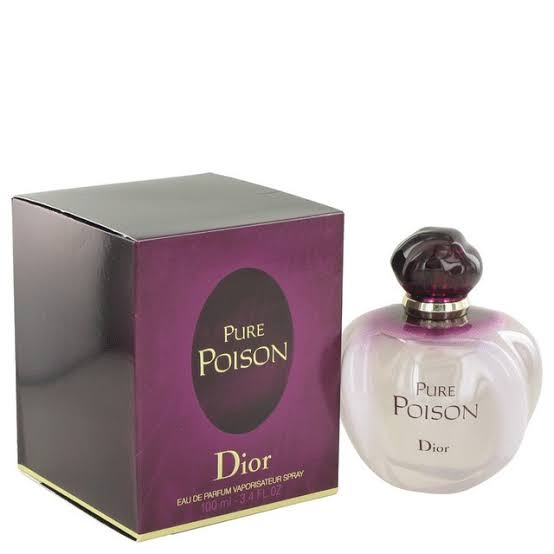 Dior Pure Poison Eau de Parfum spray bottle next to its purple and black packaging box on a white background.