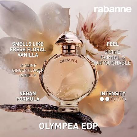 Olympaea EDP perfume bottle by Rabanne, featuring a clear glass bottle with a metallic cap, set against soft beige floral petals with descriptive text overlays.
