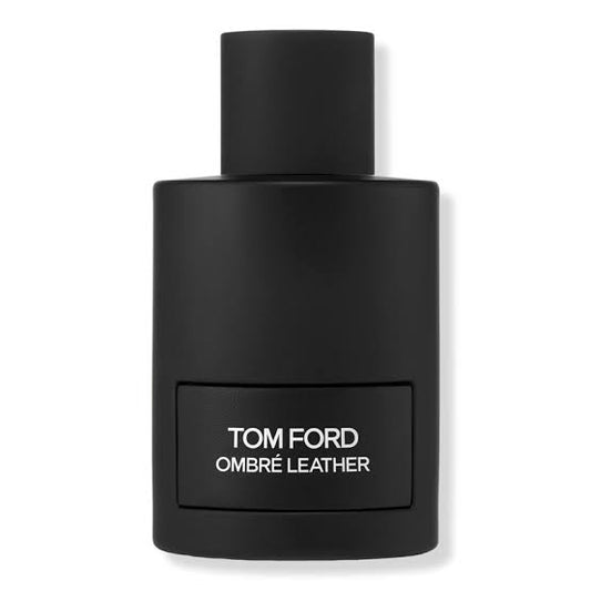 Tom Ford Ombre Leather perfume bottle in matte black with a matching black cap and a white text label on the front, set against a plain white background.