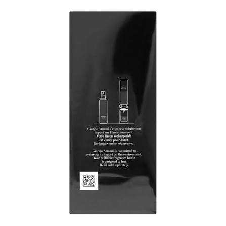 The back of a black rectangular Giorgio Versani refillable bottle packaging, featuring white line drawings of the bottle, product description text, and a QR code on a white background.