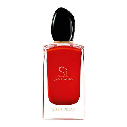 Red Giorgio Armani perfume bottle with black cap on a white background