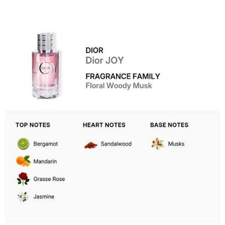 Dior Joy fragrance bottle shown on a white background with text identifying it as Floral Woody Musk and listing top, heart, and base notes including Bergamot, Mandarin, Grasse Rose, and Jasmine.