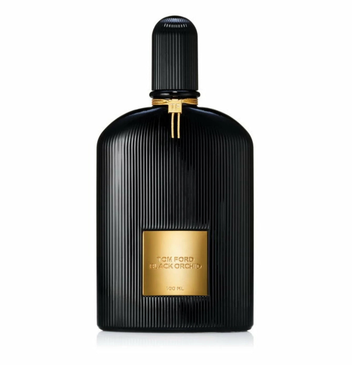 Tom Ford Black Orchid Eau de Parfum 100ml bottle, featuring a ribbed black glass design with a gold label and gold neck accent, on a white background.
