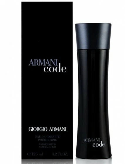 Giorgio Armani Code Eau de Toilette bottle and its black packaging box, featuring silver and white text on a white background.