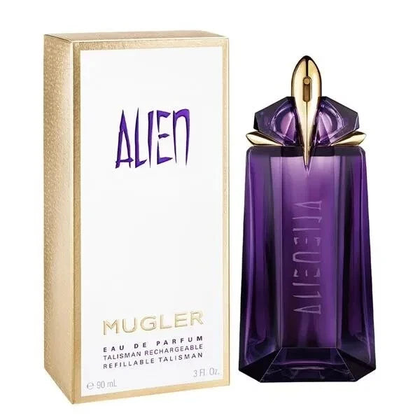 Mugler Alien perfume bottle and packaging on a white background