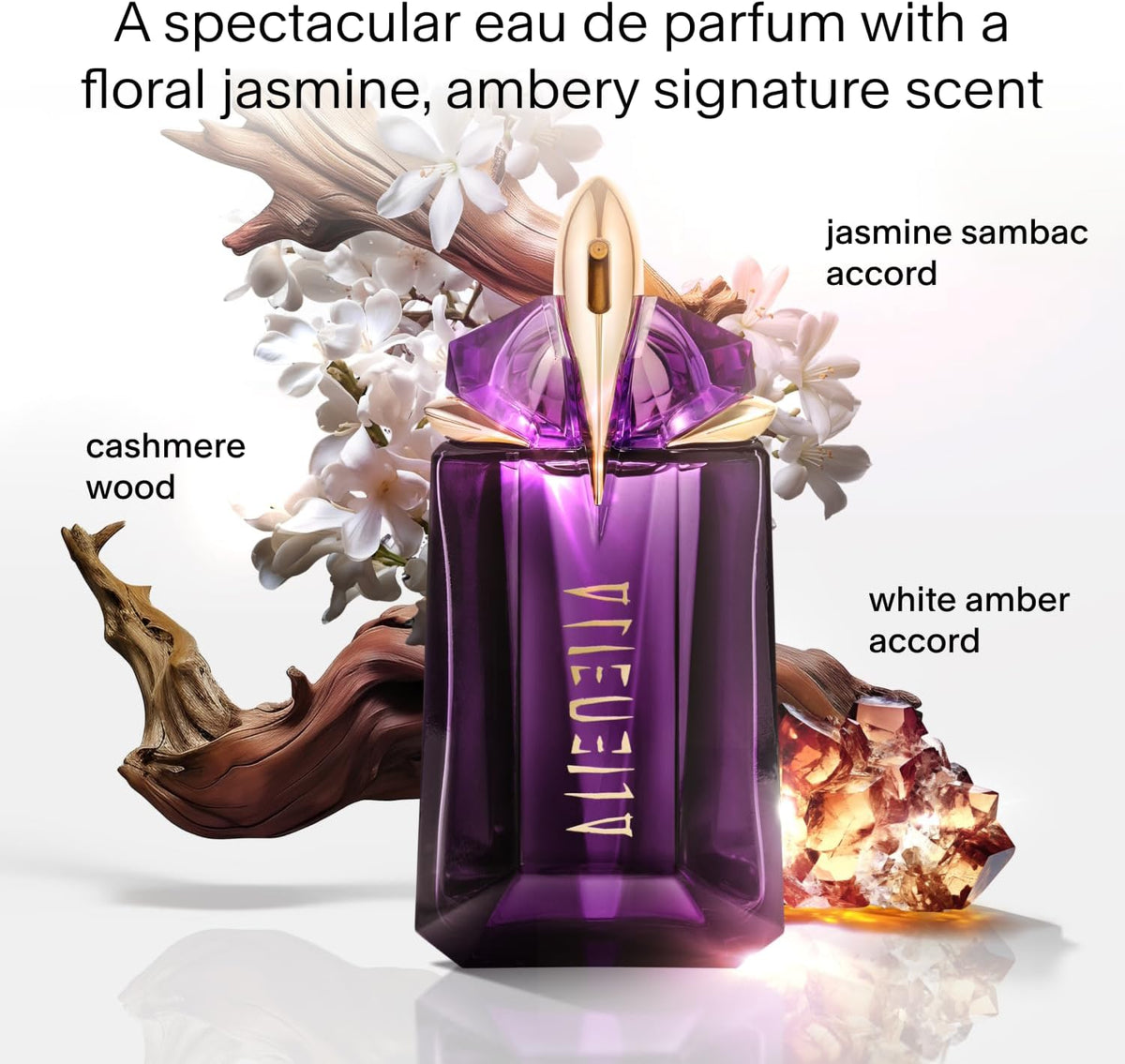 Purple perfume bottle with floral and wood elements on a white background
