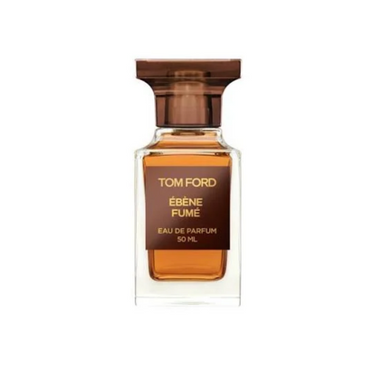 Tom Ford Ébène Fume Eau de Parfum 50ml bottle, featuring amber-brown liquid, a dark brown label, and a matching dark brown cap on a white background.