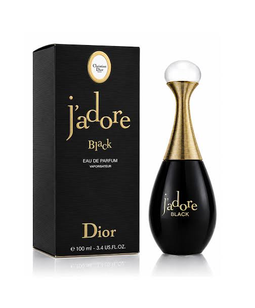 Dior J'adore Black Eau de Parfum bottle and its black packaging box with gold lettering, set against a clean white background.