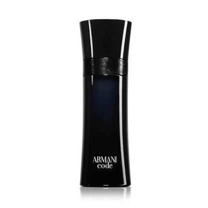 Armani Code cologne bottle in glossy black with a dark blue gradient center and white brand lettering, set against a plain white background.