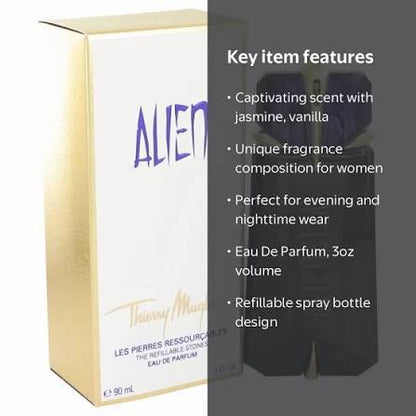 Thierry Mugen Alien Eau De Parfum 30ml refillable spray bottle and its gold and white packaging box, shown alongside key feature text on a dark gray background.