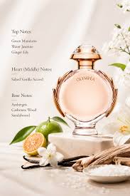 Perfume bottle with floral and fruit elements on a light background