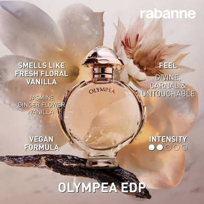 Olympaea EDP perfume bottle by Rabanne, featuring a clear glass bottle with a metallic cap, set against soft beige floral petals with descriptive text overlays.