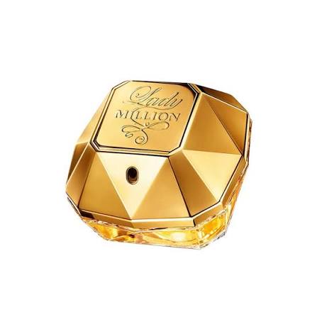 Paco Rabito Lady Million perfume bottle with a faceted gold cap, shown on a solid white background.