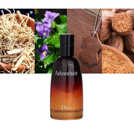 Dior Fahrenheit cologne bottle in a gradient amber-brown glass with a black cap, shown against a white background with ingredient imagery of wood, purple flowers, and leather in the upper collage.