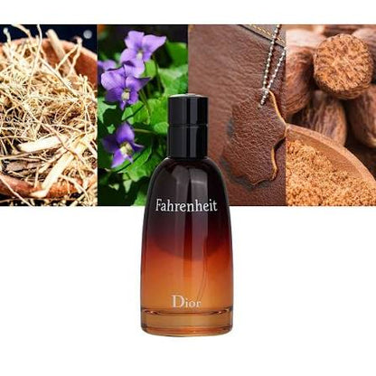 Dior Fahrenheit cologne bottle in a gradient amber-brown glass with a black cap, shown against a white background with ingredient imagery of wood, purple flowers, and leather in the upper collage.
