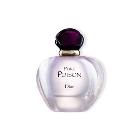 Dior Pure Poison Eau de Parfum bottle, featuring a pale lavender translucent glass body, a gold neck collar, and a dark purple faceted cap, set against a plain white background.