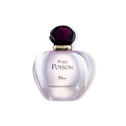 Dior Pure Poison Eau de Parfum bottle, featuring a pale lavender translucent glass body, a gold neck collar, and a dark purple faceted cap, set against a plain white background.