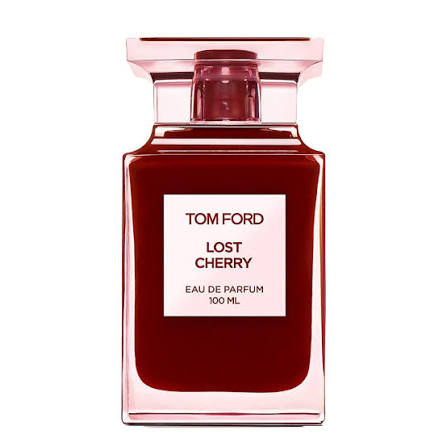 Tom Ford Lost Cherry Eau de Parfum 100ml bottle, featuring a deep cherry red liquid in a clear glass bottle with a light pink cap and a white label.