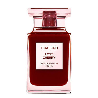 Tom Ford Lost Cherry Eau de Parfum 100ml bottle, featuring a deep cherry red liquid in a clear glass bottle with a light pink cap and a white label.