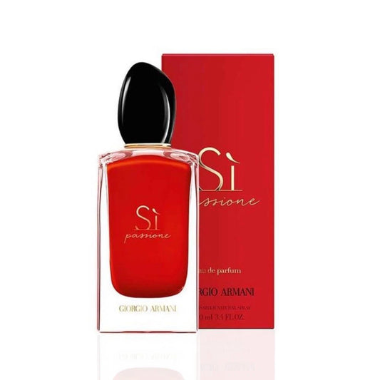 Giorgio Armani Si Passione Eau de Parfum bottle with red liquid and a black cap, shown next to its red packaging box on a white background.