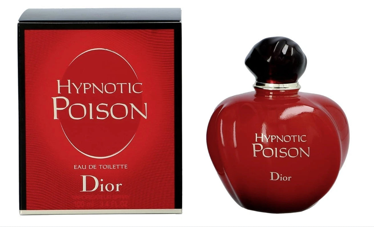 Dior Hypnotic Poison Eau de Toilette bottle and packaging box. The bottle is a glossy red apple shape with a black cap, and the box is red with black corners and white lettering.