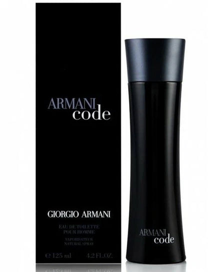 Giorgio Armani Code Eau de Toilette bottle and its black packaging box, featuring silver and white text on a white background.