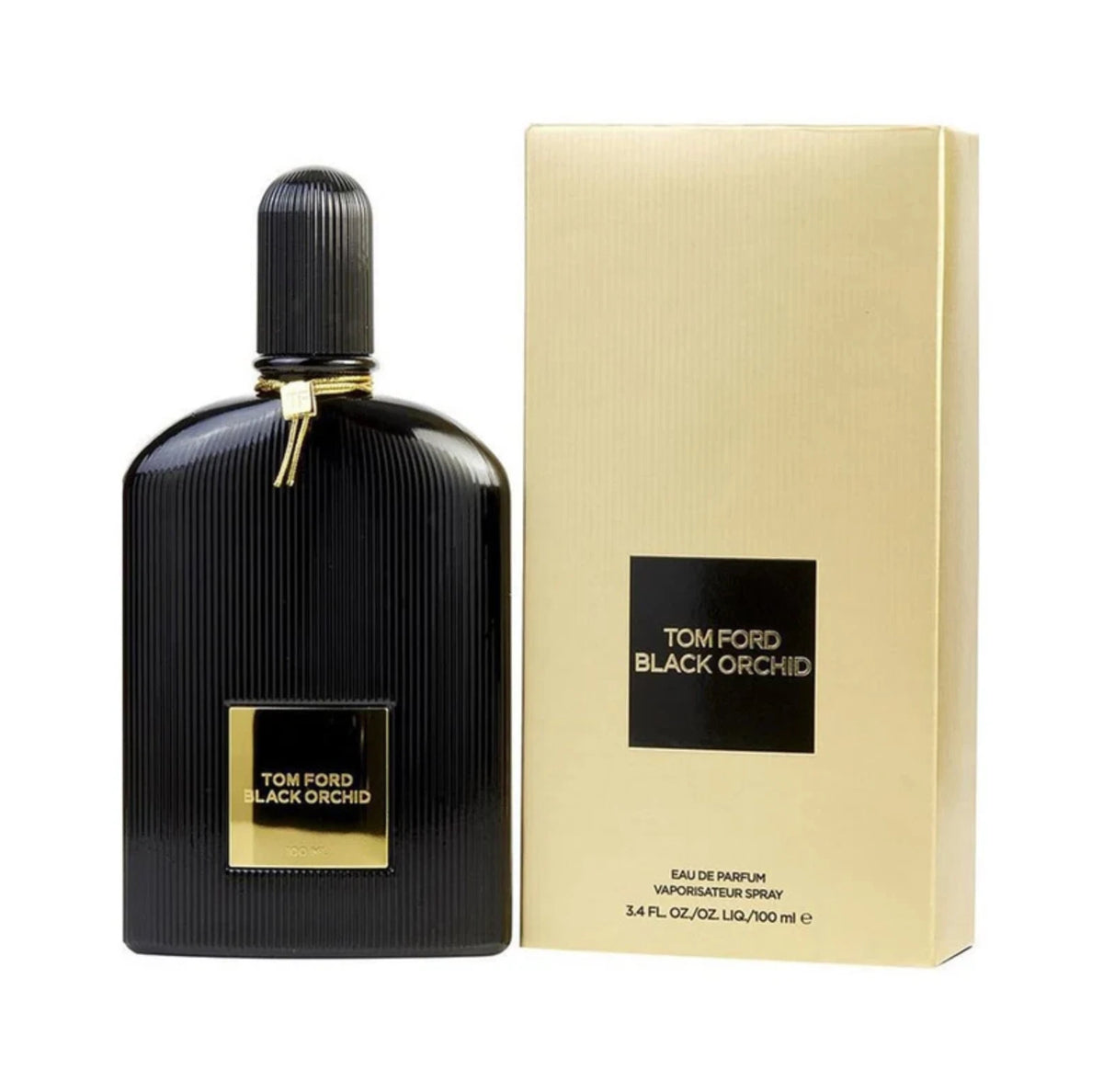 Tom Ford Black Orchid Eau de Parfum bottle in black with gold accents, shown next to its textured gold packaging box on a white background.