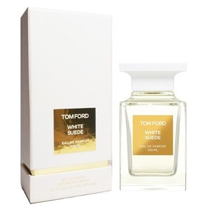 Tom Ford White Suede Eau de Parfum 100ml bottle next to its white packaging box with a gold label.