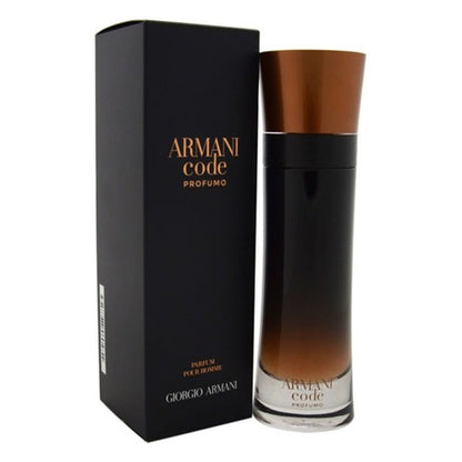 Giorgio Armani Code Profumo perfume bottle with a brown-to-black gradient glass body and a metallic copper cap, shown next to its black packaging box with gold lettering.