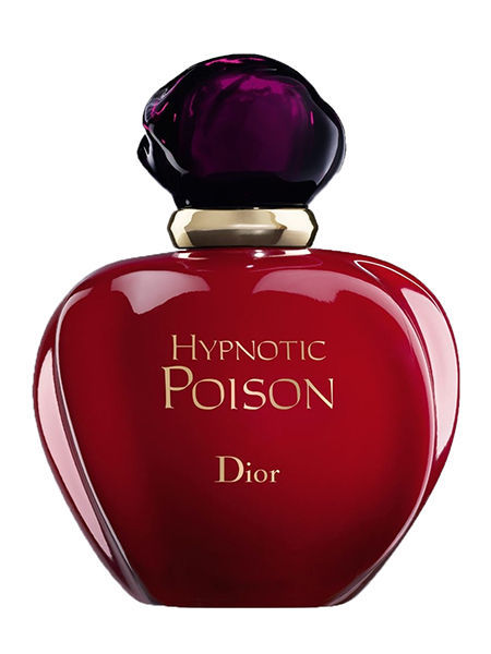 Red perfume bottle with purple cap labeled 'Hypnotic Poison' by Dior on a white background